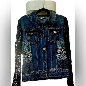 ADORE embellished, jean jacket‎ navy crocheted, lace, arms, size large